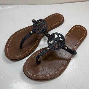 Tory Burch Gabriel Veg Leather Flat Thong Sandals Womens 9 M Brown Black Strap